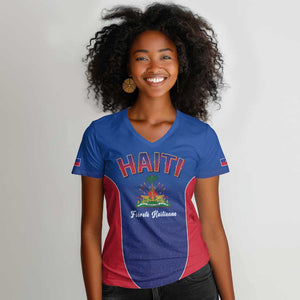 Afro-Haitians World Football 2026 Women V-Neck T-Shirt Haiti est de Retour Blue Voodoo Veve Spirits - African Pride