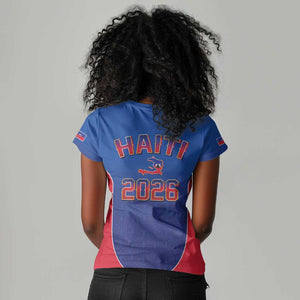 Afro-Haitians World Football 2026 Women V-Neck T-Shirt Haiti est de Retour Blue Voodoo Veve Spirits - African Pride
