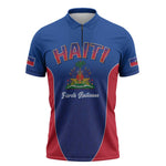 Afro-Haitians World Football 2026 Zipper Polo Shirt Haiti est de Retour Blue Voodoo Veve Spirits