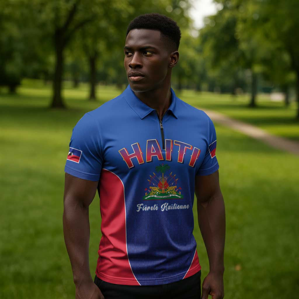Afro-Haitians World Football 2026 Zipper Polo Shirt Haiti est de Retour Blue Voodoo Veve Spirits