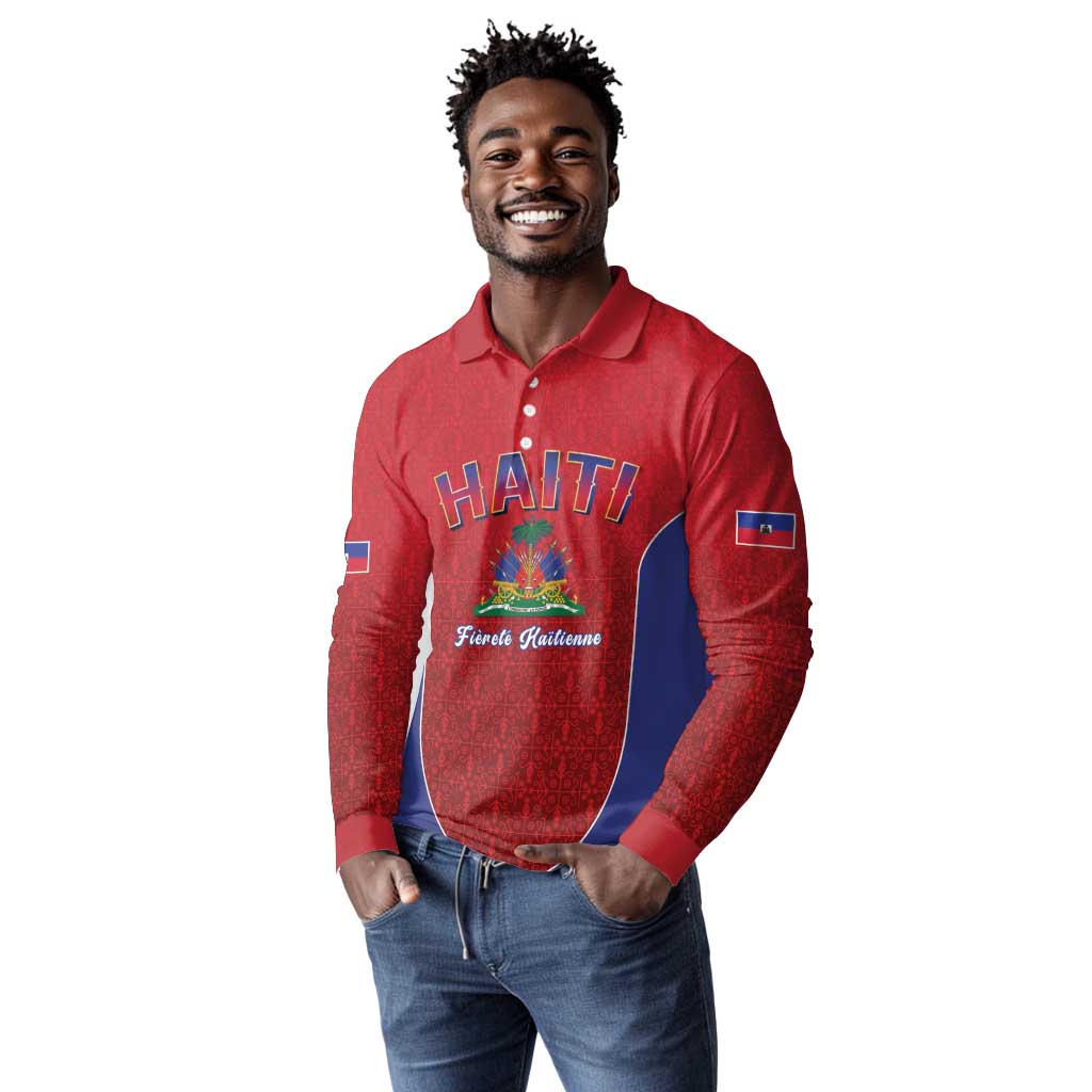 Afro-Haitians World Football 2026 Long Sleeve Polo Shirt Haiti est de Retour Red Voodoo Veve Spirits - African Pride