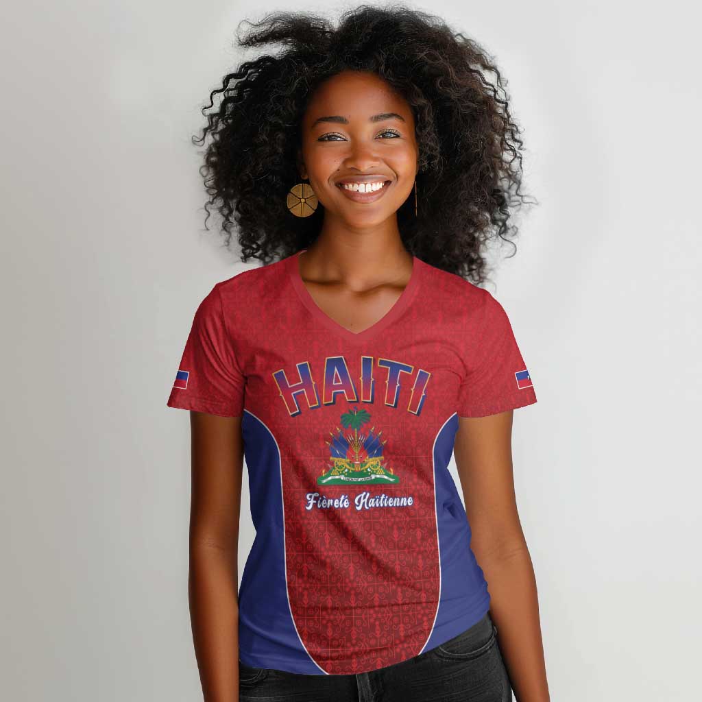 Afro-Haitians World Football 2026 Women V-Neck T-Shirt Haiti est de Retour Red Voodoo Veve Spirits - African Pride