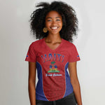 Afro-Haitians World Football 2026 Women V-Neck T-Shirt Haiti est de Retour Red Voodoo Veve Spirits - African Pride