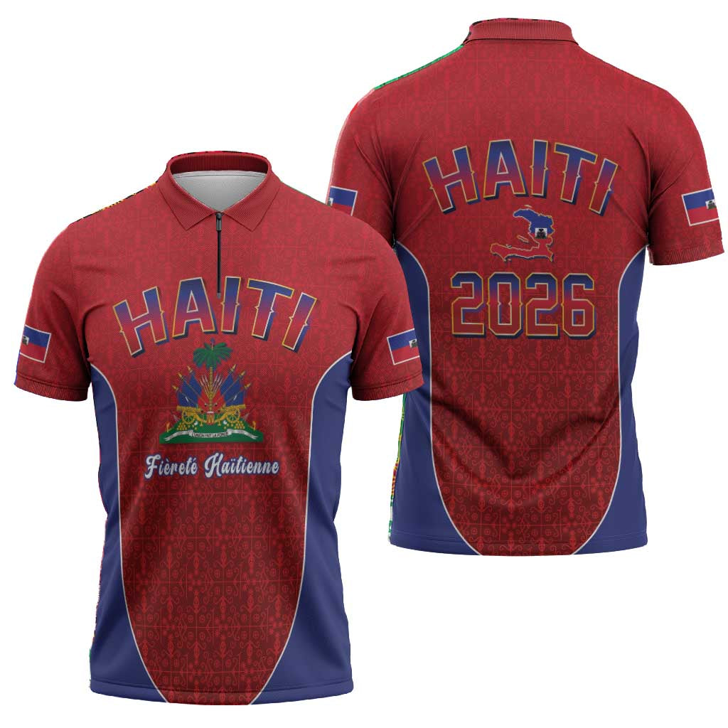 Afro-Haitians World Football 2026 Zipper Polo Shirt Haiti est de Retour Red Voodoo Veve Spirits