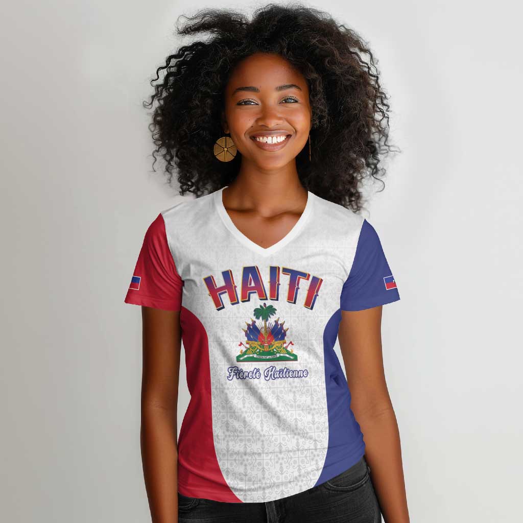 Afro-Haitians World Football 2026 Women V-Neck T-Shirt Haiti est de Retour White Voodoo Veve Spirits - African Pride