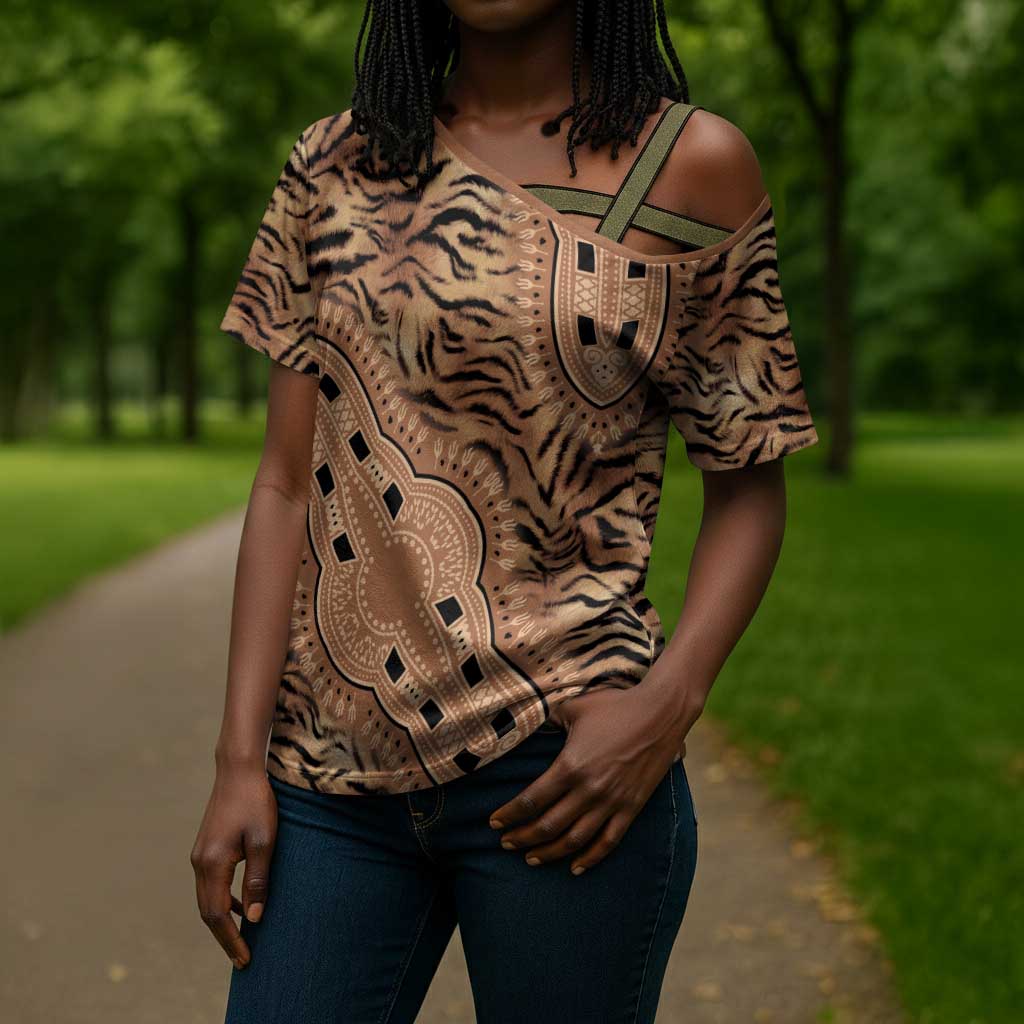 Africa Tiger Mix Dashiki Tribal Pattern Cross Shoulder Shirt