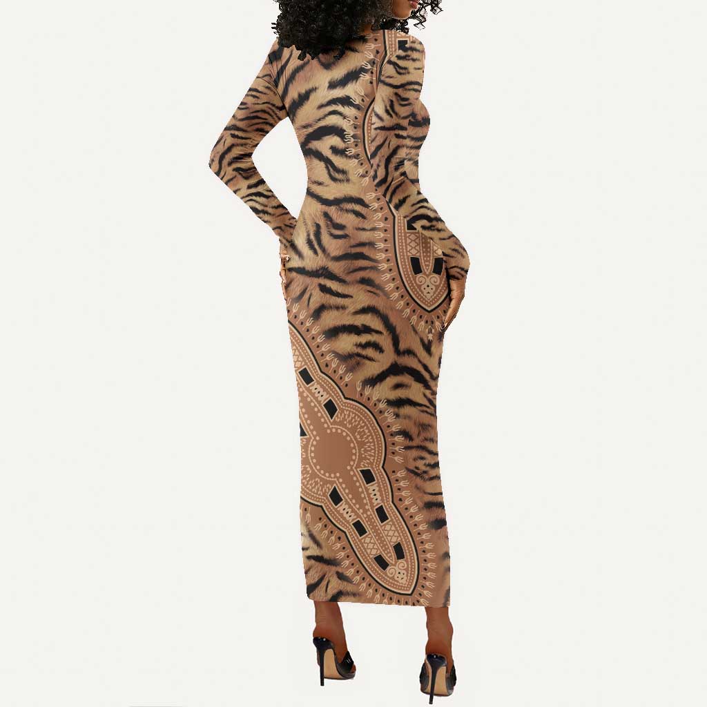 Afro Tiger Mix Dashiki Tribal Pattern Long Sleeve Bodycon Dress LT9