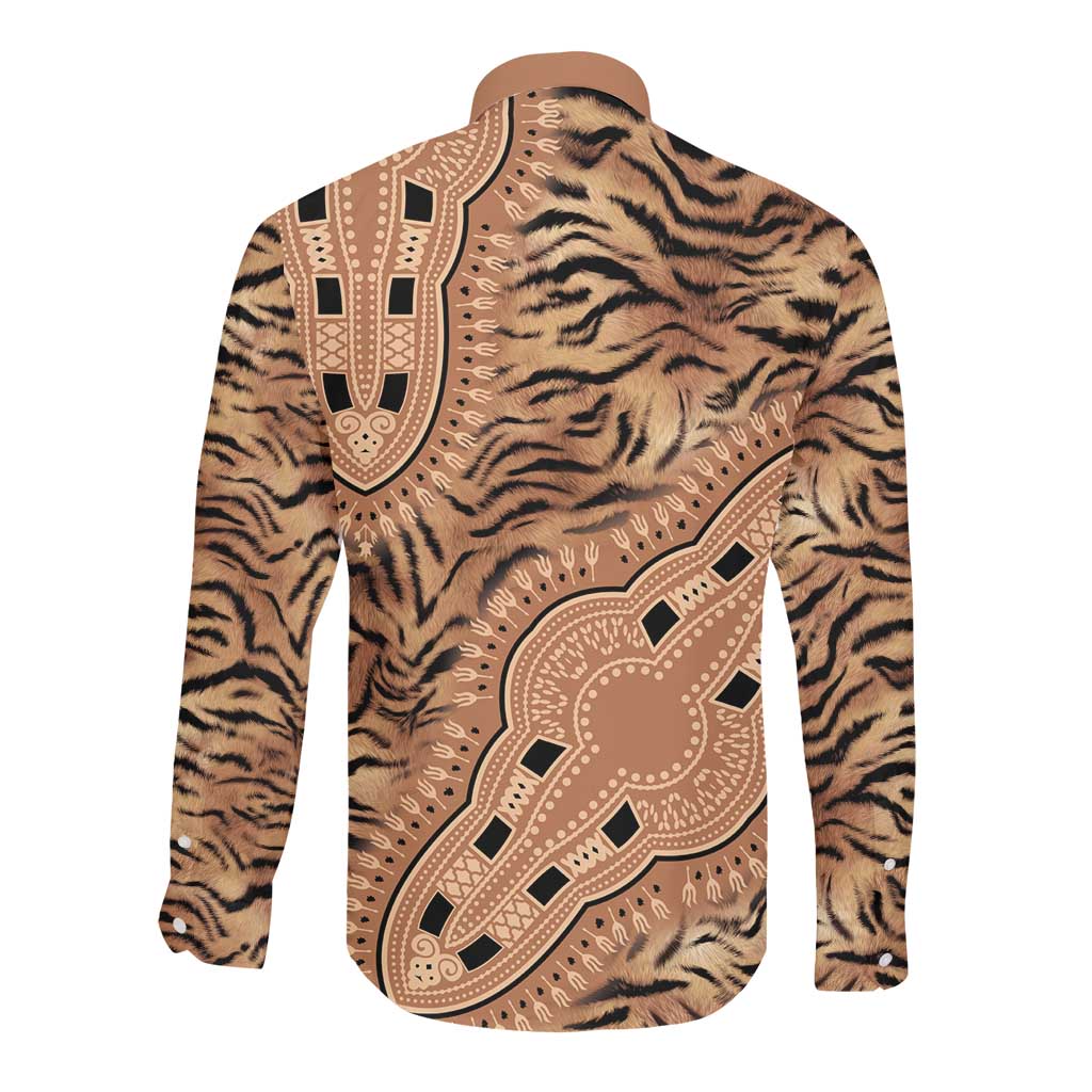 Afro Tiger Mix Dashiki Tribal Pattern Long Sleeve Button Shirt