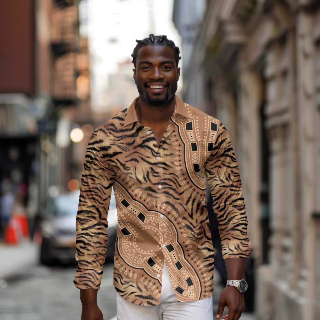 Afro Tiger Mix Dashiki Tribal Pattern Long Sleeve Button Shirt
