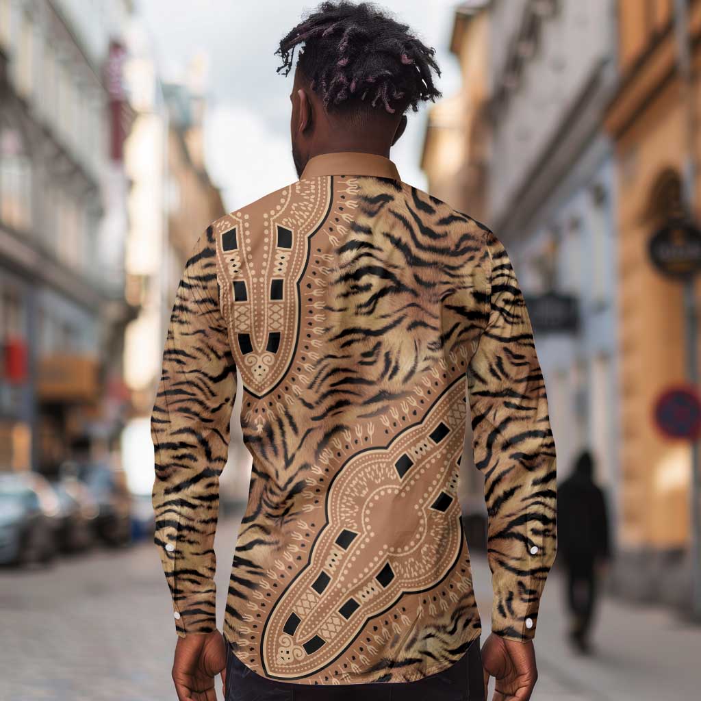 Afro Tiger Mix Dashiki Tribal Pattern Long Sleeve Button Shirt