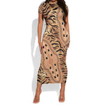 Afro Tiger Mix Dashiki Tribal Pattern Short Sleeve Bodycon Dress LT9