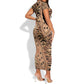 Afro Tiger Mix Dashiki Tribal Pattern Short Sleeve Bodycon Dress LT9