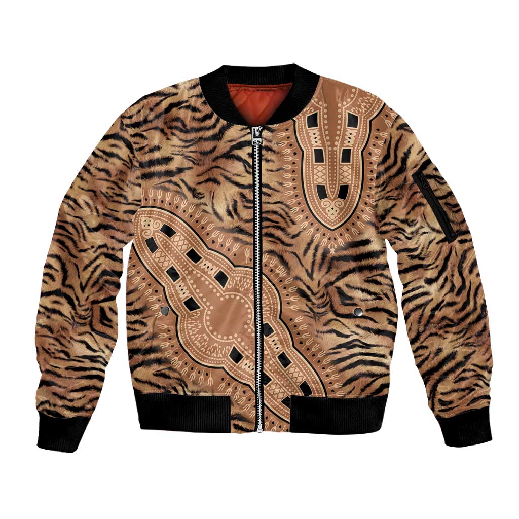 Afro Tiger Mix Dashiki Tribal Pattern Sleeve Zip Bomber Jacket