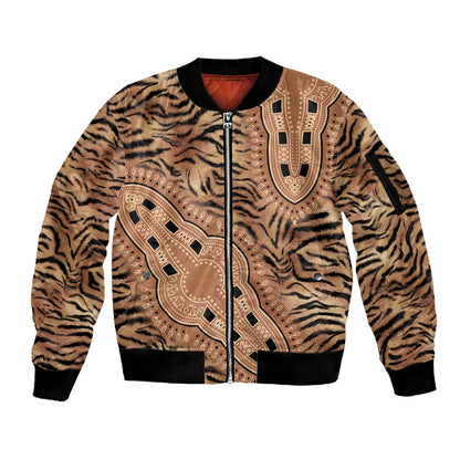 Afro Tiger Mix Dashiki Tribal Pattern Sleeve Zip Bomber Jacket