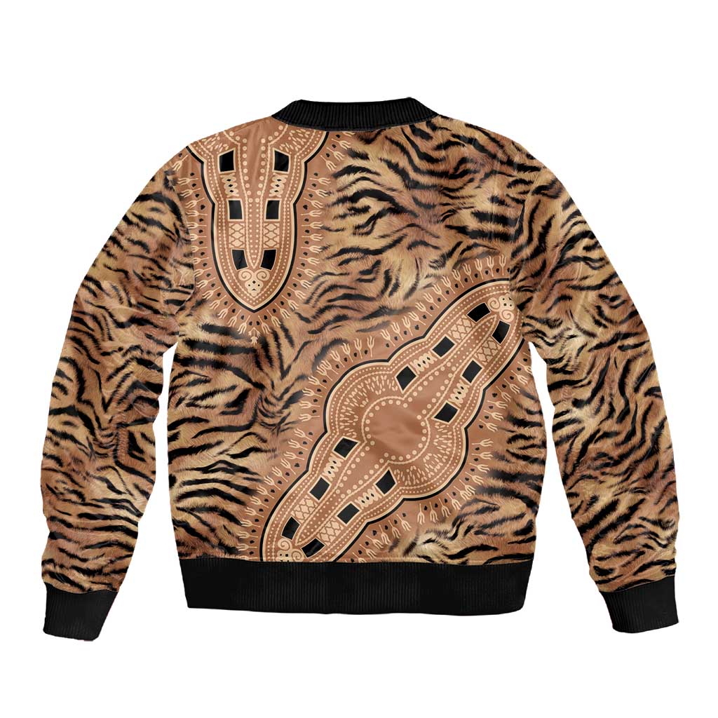 Afro Tiger Mix Dashiki Tribal Pattern Sleeve Zip Bomber Jacket