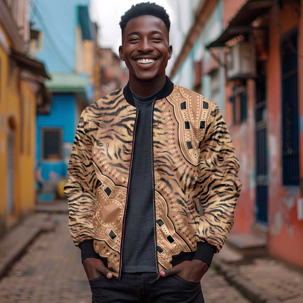 Afro Tiger Mix Dashiki Tribal Pattern Sleeve Zip Bomber Jacket