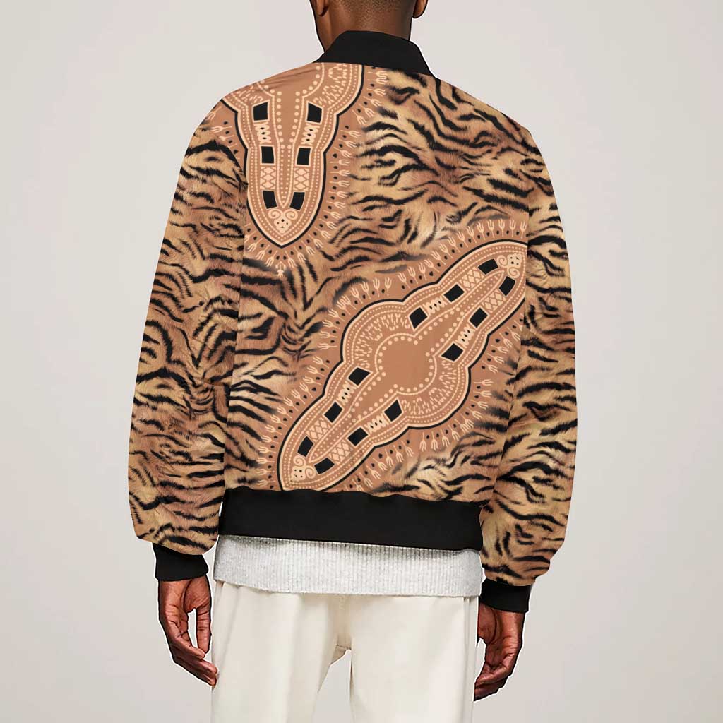 Afro Tiger Mix Dashiki Tribal Pattern Sleeve Zip Bomber Jacket