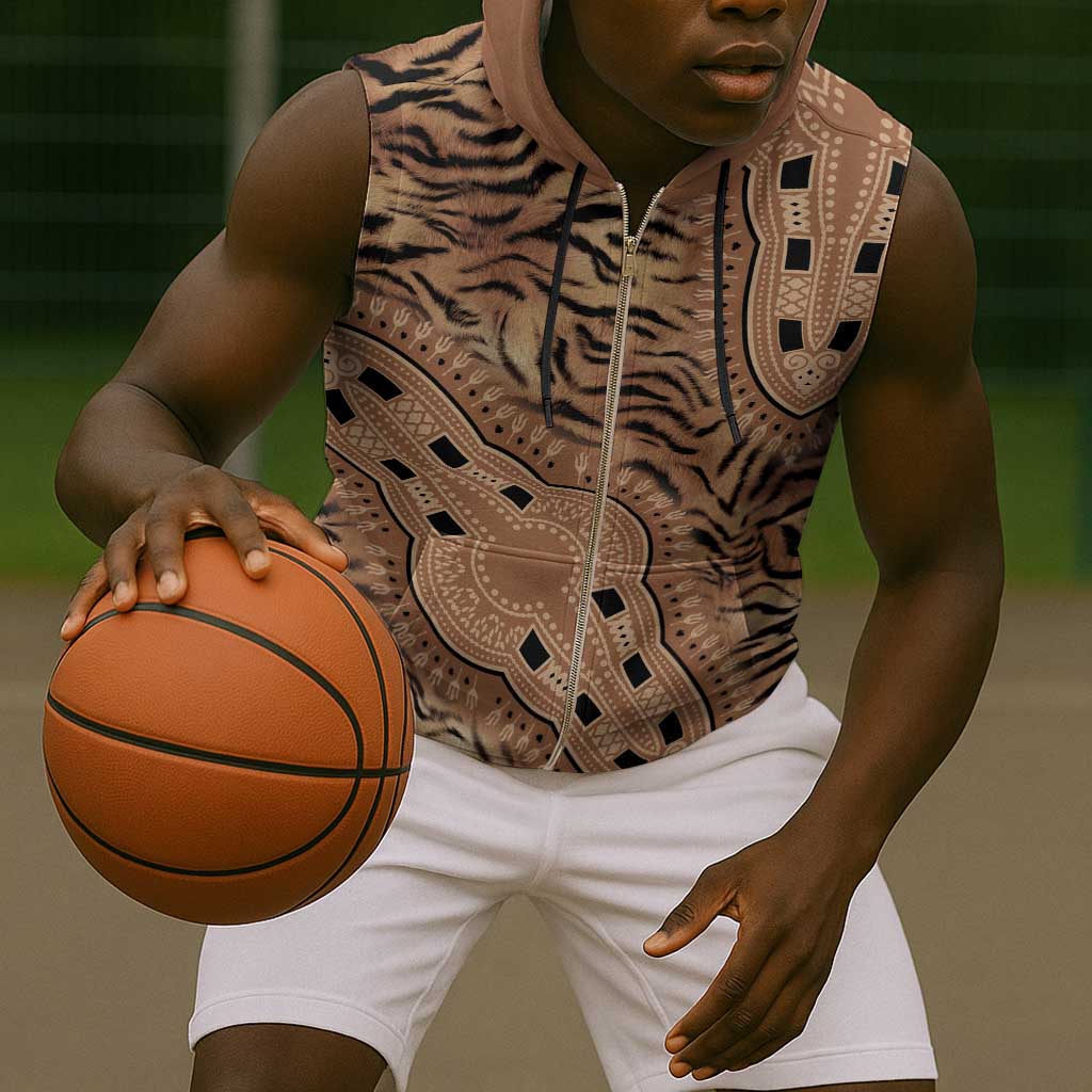 Afro Tiger Mix Dashiki Tribal Pattern Sleeveless Zip Hoodie - African Pride