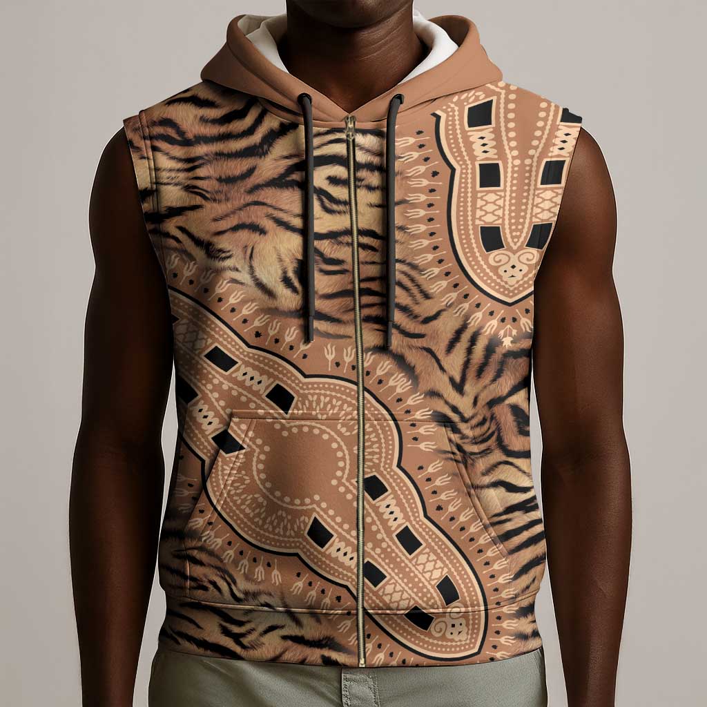 Afro Tiger Mix Dashiki Tribal Pattern Sleeveless Zip Hoodie - African Pride