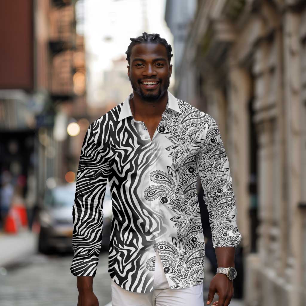 Afro Zebra Mix Paisley Tribal Pattern Long Sleeve Button Shirt