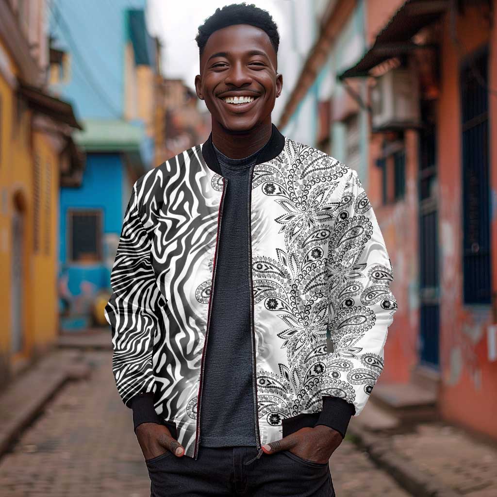 Afro Zebra Mix Paisley Tribal Pattern Sleeve Zip Bomber Jacket