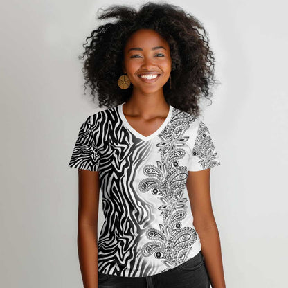 Afro Zebra Mix Paisley Tribal Pattern Women V-Neck T-Shirt