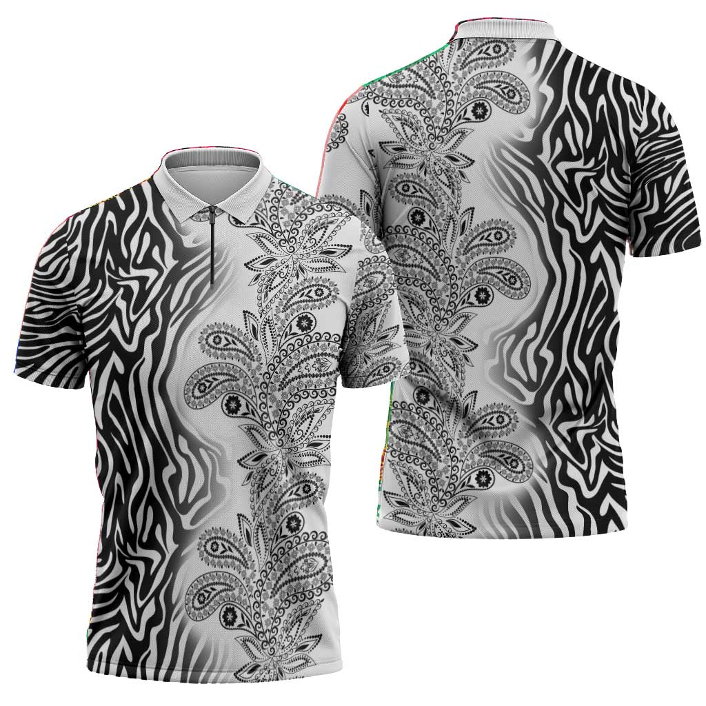 Africa Zebra Mix Paisley Tribal Pattern Zipper Polo Shirt