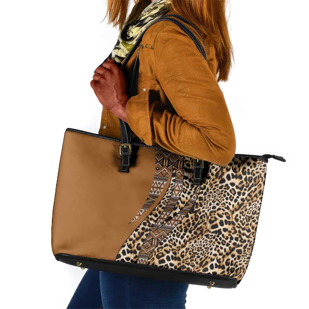 Afro Leopard Mix Native Tribal Pattern Leather Tote Bag