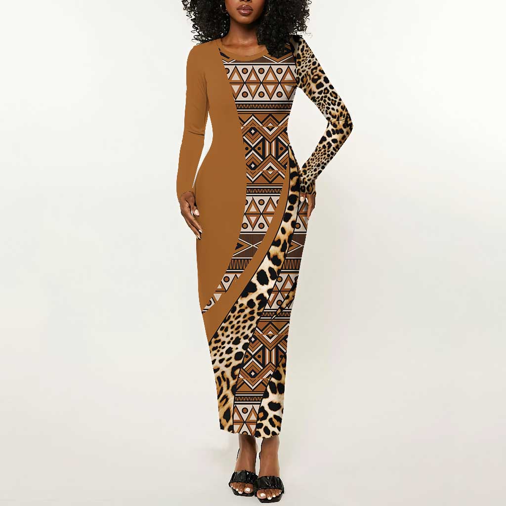 Afro Leopard Mix Native Tribal Pattern Long Sleeve Bodycon Dress LT9