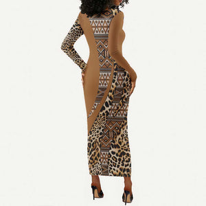 Afro Leopard Mix Native Tribal Pattern Long Sleeve Bodycon Dress LT9