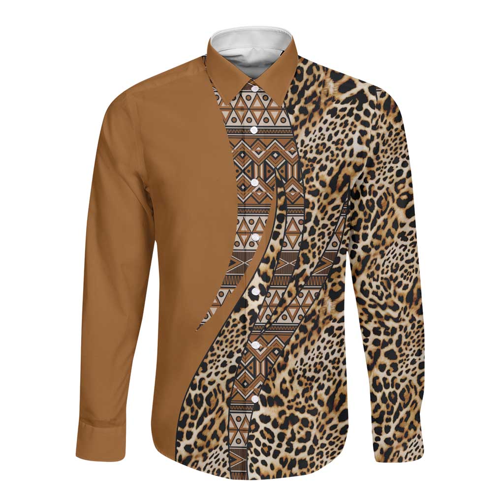 Afro Leopard Mix Native Tribal Pattern Long Sleeve Button Shirt