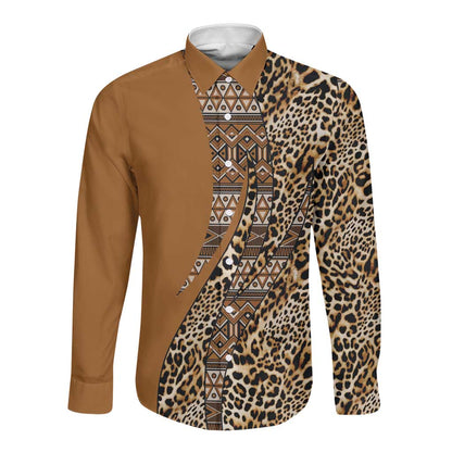 Afro Leopard Mix Native Tribal Pattern Long Sleeve Button Shirt