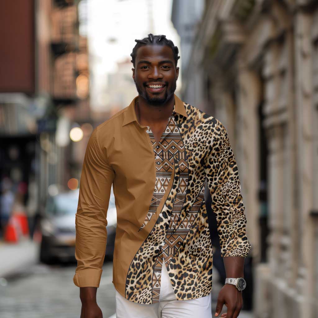 Afro Leopard Mix Native Tribal Pattern Long Sleeve Button Shirt