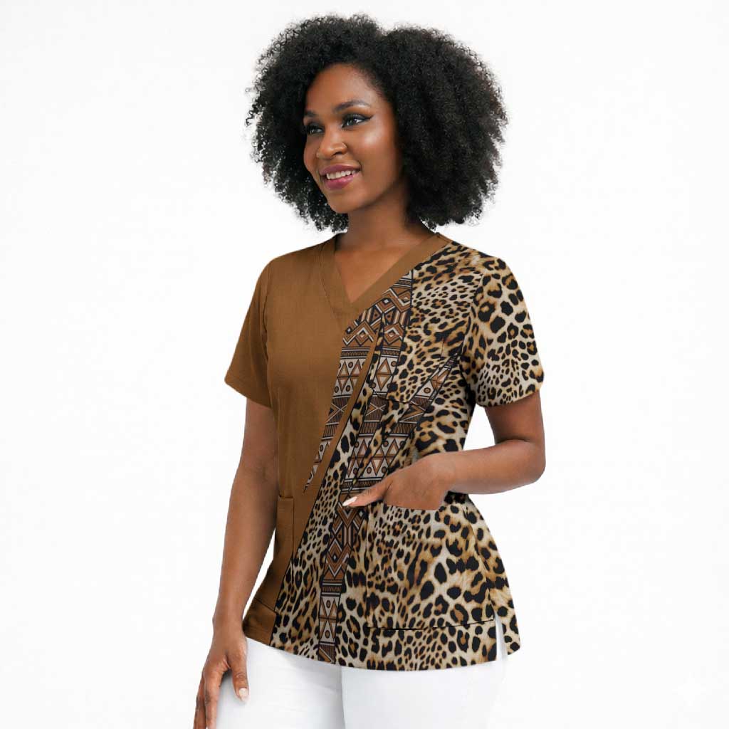 Africa Leopard Mix Native Tribal Pattern Scrub Top