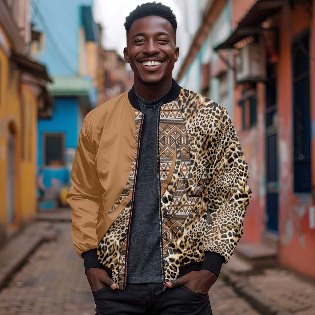 Afro Leopard Mix Native Tribal Pattern Sleeve Zip Bomber Jacket