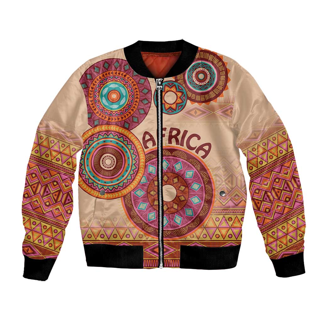 Afro Tribal Traditional Pattern Bomber Jacket Beige Motif