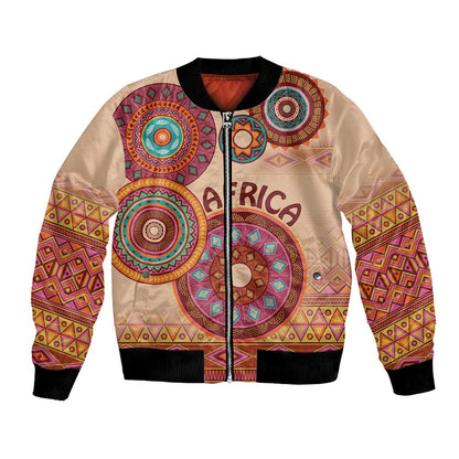 Afro Tribal Traditional Pattern Bomber Jacket Beige Motif