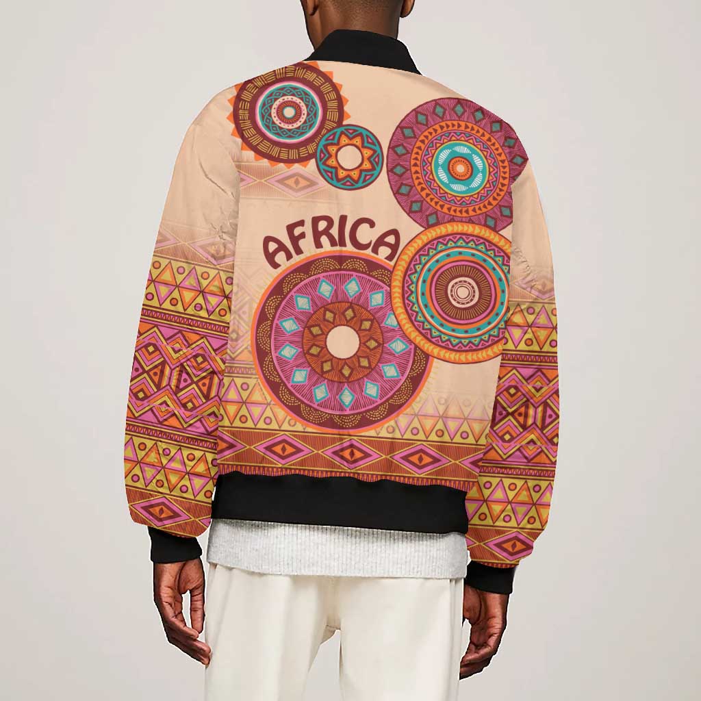 Afro Tribal Traditional Pattern Bomber Jacket Beige Motif
