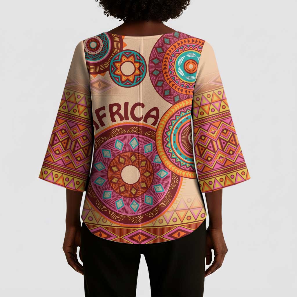 Africa Tribal Traditional Pattern Kimono Sleeve Blouse Beige Motif