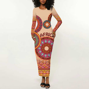 Afro Tribal Traditional Pattern Long Sleeve Bodycon Dress Beige Motif LT9