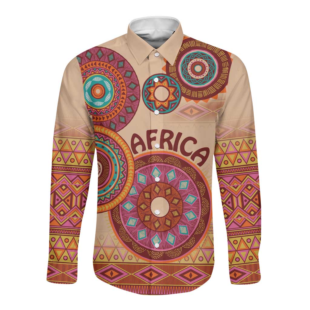 Afro Tribal Traditional Pattern Long Sleeve Button Shirt Beige Motif