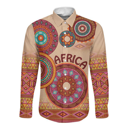 Afro Tribal Traditional Pattern Long Sleeve Button Shirt Beige Motif
