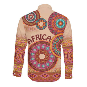 Afro Tribal Traditional Pattern Long Sleeve Button Shirt Beige Motif