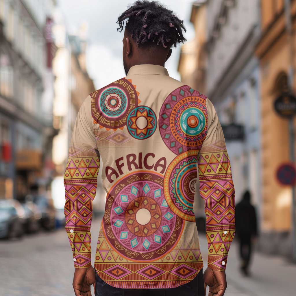 Afro Tribal Traditional Pattern Long Sleeve Button Shirt Beige Motif