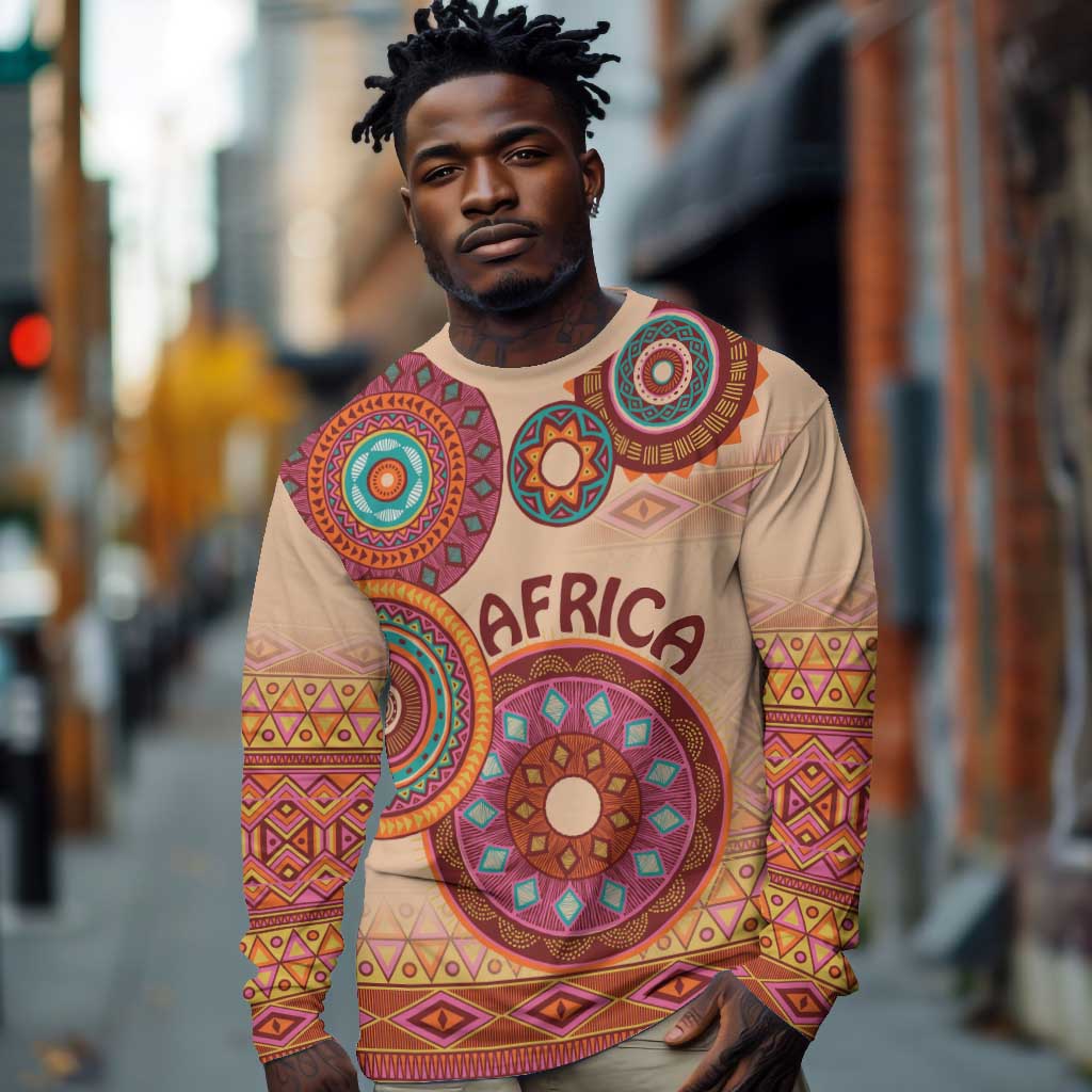 Afro Tribal Traditional Pattern Long Sleeve Shirt Beige Motif LT9