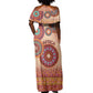 Afro Tribal Traditional Pattern Off Shoulder Maxi Dress Beige Motif