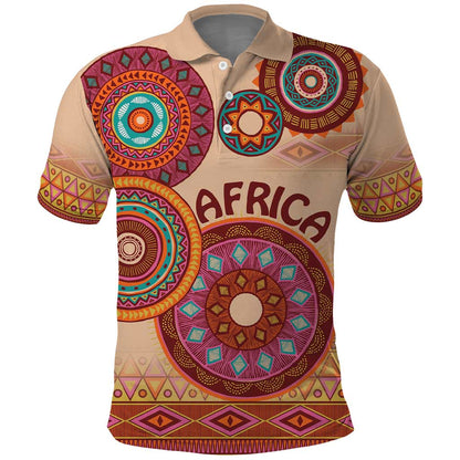 Afro Tribal Traditional Pattern Polo Shirt Beige Motif