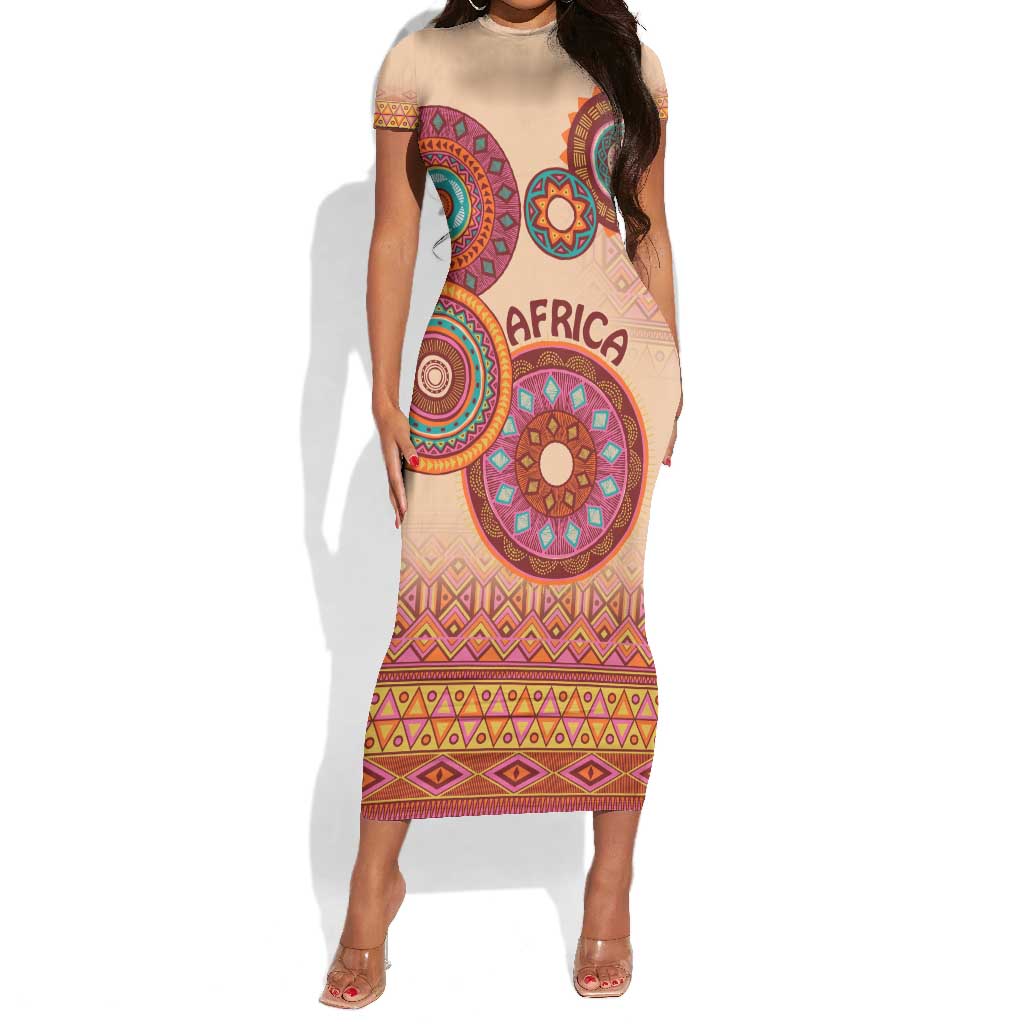 Afro Tribal Traditional Pattern Short Sleeve Bodycon Dress Beige Motif LT9