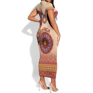 Afro Tribal Traditional Pattern Short Sleeve Bodycon Dress Beige Motif LT9