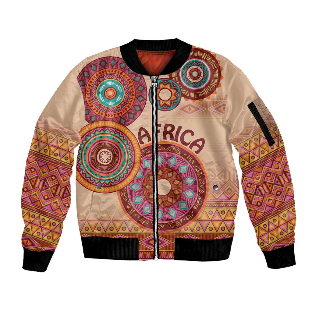 Afro Tribal Traditional Pattern Sleeve Zip Bomber Jacket Beige Motif